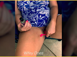 Wife Puts Her Lush In Her Shaved Pussy On The Outdoor Balcony